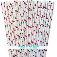 Flamingo Themed White and Pink Foil Paper Straws - 7.75 Inches - 100 Pack - Outside the Box Papers Brand