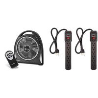 Holmes 12-Inch Fan | Blizzard Rotating Fan with Remote Control, Black & AmazonBasics 6-Outlet Surge Protector Power Strip 2-Pack, 2-Foot Long Cord, 200 Joule - Black