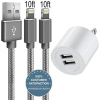 Boost Charger, 2-Port Travel Adapter 2.1A Cube with 2-Pack 10FT Nylon Braided Cables Charging Charge Cable Cords Compatible with iPhone X/8 Plus/7 Plus/6S/6 Plus/5/5S/5C/XS/XR/XS Max/iPad Case - Grey