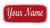 Name Patch Uniform Work Shirt Personalized Embroidered Red with White Border. Sew on.