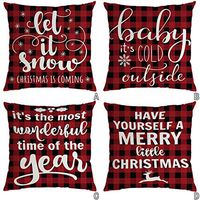 Indexshop Farmhouse Christmas Red Black Plaids Throw Pillow Case, Cotton Linen Home Decorative Throw Pillow Case Cushion Cover, Holiday Decorative Cushion Cover 18x18 Inch (E)
