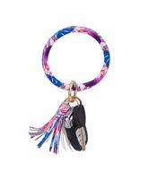 Coolcos Key Ring Bracelets Wristlet Keychain Bangle Keyring - Large Circle Leather Tassel Bracelet Holder For Women Girl(Floral Blue)