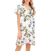 Rexinte Women's Summer Wrap V Neck Bohemian Floral Print Ruffle Swing A Line Beach Mini Dress(White,2XL