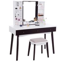 BEWISHOME Vanity Set with Mirror, Cushioned Stool, Storage Shelves, Makeup Organizer, 3 Drawers White Makeup Vanity Desk Dressing Table FST05W