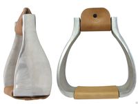 AJ Tack Wholesale Heavy Duty Aluminum Stirrups 6.5 in Wide Flat Bottom Leather Tread Polished Trim