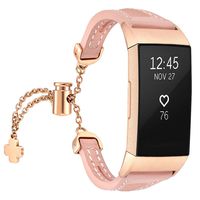 fastgo Leather Bracelet Compatible with Fitbit Charge 3/Charge3 SE Bands, Premium Stainless Steel Replacement Wristbands Classy Women Girls Adjustable (Pink)