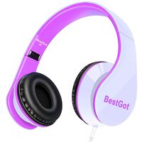 BestGot Kids Headphones Over Ear with Microphone for Girls Adult in-line Volume with Transport Bag Foldable Headphone with 3.5mm Plug Removable Cord (White/Pink)