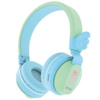Kids Headphones, Riwbox BT05 Wings Foldable Headphones Wireless Bluetooth Over Ear 85dB/103db Volume Control Wireless Headphones with Mic/TF Card Compatible for iPad/iPhone/PC/Kindle (Green Blue)