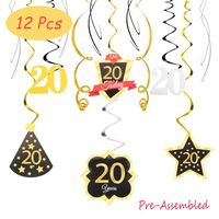 20 Birthday Decoration Happy 20th Birthday Party Silver Black Gold Foil Hanging Swirl Streamers I'm Twenty Years Old Today Birthday Hat Gold Star Ornament Party Present Supplies