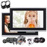 2 pcs Wireless Headphones + New Designed Black and Silver Car 10.1 inch Dual Screens Backseat DVD Players Portable USB/SD/HDMI LCD Headrests Pair of Video Systems Built-in Speakers Two Remote Con