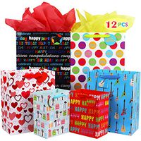Fzopo Birthday Gift Bag Assortment with Ribbon Handle, Heavy Duty Paper Gift Bags, Red, Black, Pink, Blue (Pack of 12 Small, Medium, Extra Large Bags for Girls, Boys, Women, Men)