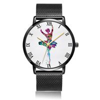 Whiterbunny Customized Ballet Dancer Wrist Watch Unisex Analog Quartz Fashion Black Steel Bracelet Wristwatch for Women and Men
