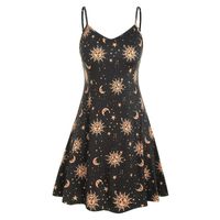 Women's Plus Size Dresses Casual Mini Dress Sleeveless Sun Moon Star Print Swing Beach Sling Dress Black