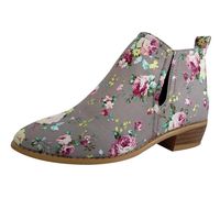 Women's Shoes Ladies Fashion Pointed Toe Floral Print Plus Size Ankle Boots Casual Comfy Low Heel Booties Gray