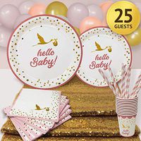 Pink and Gold Baby Shower Plates and Napkins for Girl Party Supplies with Stork Design Set Includes Pink and Gold Paper Plates Cups Straws Napkins Balloons Table Runner for 25 Guests