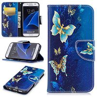 Cfrau Wallet Case with Black Stylus for Samsung Galaxy S7,Slim Colorful Print Magnetic Flip Soft Silicone Card Slots Stand Full Body PU Leather Case for Samsung Galaxy S7,Gold Blue Butterfly