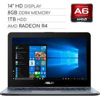 ASUS Vivobook 2019 Premium 14 HD Non-Touch Laptop Notebook Computer, 2-Core AMD A6 2.6GHz, 8GB DDR4 RAM, 1TB HDD, No DVD, Wi-Fi|Bluetooth|Webcam|HDMI|VGA, Windows 10