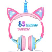 Glowing Unicorn Kids Headphones for Girls Boys Toddler - Cat Ear LED Headphones Light Up Wired Adjustable Foldable 85dB Volume Limited On/Over-Ear Headphones for School Birthday Xmas Holiday - Pink