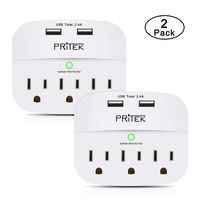 PRITEK 3 Outlets Power Strip with 2 USB Ports 1875W/15A Wall Plug Adapter Lightweight Compact Surge Protected On Wall Outlet Extender for Home Office Travel (2 Pack)