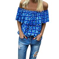 Sunhusing Womens Sexy Off-Shoulder Ruffled Short-Sleeve Shirt Gradient Polka Wavy Dot Print Slim T-Shirt Blue
