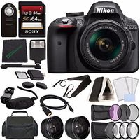 Nikon D3300 DSLR Camera with 18-55mm Lens (Black) + Sony 64GB UHS-I SDXC Memory Card (Class 10) + Remote + Flash + Cleaning Cloth Bundle