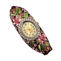 AmyDong Women Retro Diamond Bracelet Watch Women Bangle Crystal Flower Bracelet Quartz Watch Wristwatc (Pink)