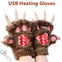 Kbinter USB 2.0 Powered Stripes Heating Pattern Knitting Wool Cute Heated Paw Gloves Fingerless Hands Warmer Mittens Laptop Computer Warm Gloves for Women Men Girls Boys (Brown)