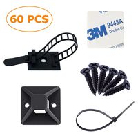 Strong-Adhesive-Backed Mounts Cable Tie Mounts Wire Tie Base Holders adjustable cable clips zip ties Screw-Hole Anchor Point Provides Optimal Strength for long (60 pack)