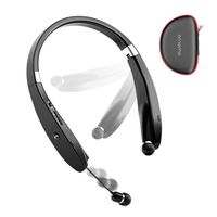 AMORNO Foldable Bluetooth Headphones Wireless Neckband Headset with Retractable Earbuds, Sports Sweatproof Noise Cancelling Stereo Earphones with Mic (Black)