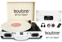 Boytone BT-101TBWT 5 in 1 Briefcase Record Player AC-DC Built in Rechargeable Battery, With 2 Stereo Speakers 3-speed 33/45/78, LCD Display, FM Radio, USB/SD Slot, AUX + MP3, Encoding, Headphone Jack