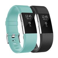 Fundro Replacement Bands Compatible with Fitbit Charge, 2 Pack Soft Accessory Replacement Wristband Strap Classic Large Small Band for Fitbit Charge 2 (Black/Teal, Large (6.7"-8.1"))