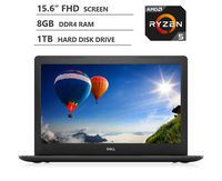 Dell Inspiron 15.6" Full HD LED-Backlit Display Laptop, AMD Ryzen5 2500U Quad-Core Processor Up to 3.60 GHz, 8GB RAM, 1TB Hard Disk Drive, HDMI, Wi-Fi, Bluetooth, Windows 10 Home, Licorice Black
