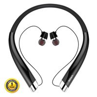 Bluetooth Headphones, DolTech Wireless Neckband Headset with Auto Retractable Earbuds, Sports Sweatproof Noise Cancelling Stereo Earphones with Mic (Black)