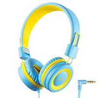 iClever Kids Headphones Girls Toddler - Wired Headphones for Kids on Ear, Adjustable Headband Tangle-Free Cord, Foldable, Child's Headphones for iPad Tablet Kindle Airplane School - Blue/Yellow
