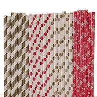 Biodegradable Paper Straws Mix, Christmas Snowflake, Red Gold, Striped Polka Dot Snowflake (25)