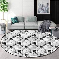 RUGSMAT Grey Modern Washable Round Bath Mat,Floral Swirled Leaves Artwork Non-Slip No-Shedding Kitchen Soft Floor Mat Round-59