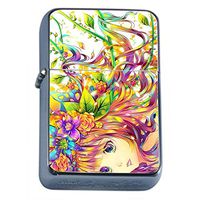 Flower Hair Anime Girl Flip Top Oil Lighter Em1 Smoking Cigarette Silver Case Included