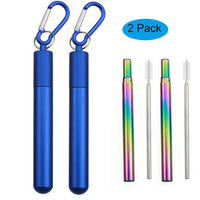 JASHII 2 Pack Reusable Telescopic Rainbow Stainless Steel Straw Portable Carrying Metal Straw with Blue Aluminum Case and Cleaning Brush for Drinking Travel Party