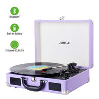 Vinyl Record Player JORLAI Turntable, 3 Speed BT Record Player Suitcase with Built in Speakers/Rechargable Battery/Vinyl-to-MP3 Recording/Headphone Jack/Aux Input/RCA Line Out - Lavender