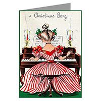 Twelve 3.5x5 Vintage Holiday Note Cards In A Boxed Set Of Woman With Red Striped Dress Playing A Piano For A Merry Christmas