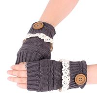 Benficial Women Winter Knitted Button Hollow Out Leaf Lace Keep Warm Fingerless Gloves New Gray