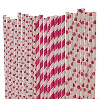 Valentines Day Paper Straw Mix - Dark Pink, White - Polka Dot, Heart, Striped (100)
