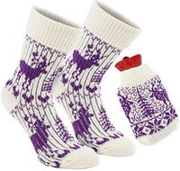 1 Pair of Norwegian Knit Socks with Hot Water Bottle - Purple White - One Size