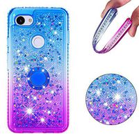 Cfrau Compatible with Google Pixel 3A XL with Black Stylus,Luxury Liquid Glitter Ring Kickstand Shockproof Quicksand Bling Cute Diamond Girls Women Cover for Google Pixel 3A XL,Blue + Purple
