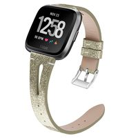 Shangpule Compatible with Fitbit Versa/Versa 2/Versa Lite Edition Bands, Genuine Leather Shiny Bling Replacement Strap Wristband for Versa Smart Watch Women Men Large Small (Shiny Light Gold)