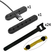 Desk Cable Management and Cord Organizer Bundle - Cable Ties(24PCS)/3 Slots Cable Clips(1PCS)/5 Slots Cable Clips(1PCS), for Home, Office and Car - Black