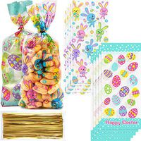 Chuangdi 100 Pack Easter Day Treat Bag Easter Bunny Cello Bag Party Bag Candy Cellophane Bag Easter Egg Treat Bag Painted Eggs Cello Bag Easter Goody Bags Grab Bag for Easter Day (Style 3)