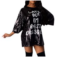 Sunhusing Women's Casual Round Neck Letter Sequin Patchwork T-Shirt Dress Sexy Loose Plus Size Short Dress(Black,XL)