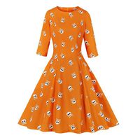 Midress Women's Halloween Dress Skull Print Party Long Sleeve Round Neck Zipper Vintage Swing Long Dress Halloween Costume