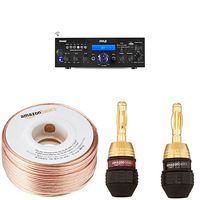 Pyle Bluetooth Stereo Amplifier Receiver [Compact Home Theater Digital Audio System] with AmazonBasics Speaker Wire (100 feet) and Banana Plugs (6 pairs)